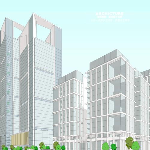 现代体块组合高层企业总部办公公寓综合楼屋顶构架建筑设计——SU模型视角下的空间逻辑与形式表达
